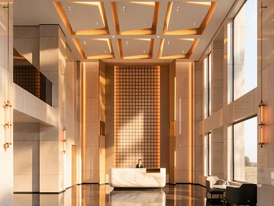 Elegant Hotel Lobby With Geometric Ceiling Lattice Feature Wall And Reception Desk 3d model