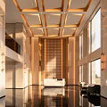 Elegant Hotel Lobby With Geometric Ceiling Lattice Feature Wall And Reception Desk