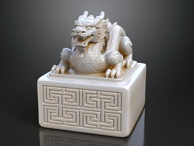 White Stone Dragon Sculpture With Square Base And Intricate Geometric Patterns 3d model