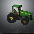 Green Farm Tractor With Enclosed Cab Large Black Tires And Yellow Rimmed Wheels