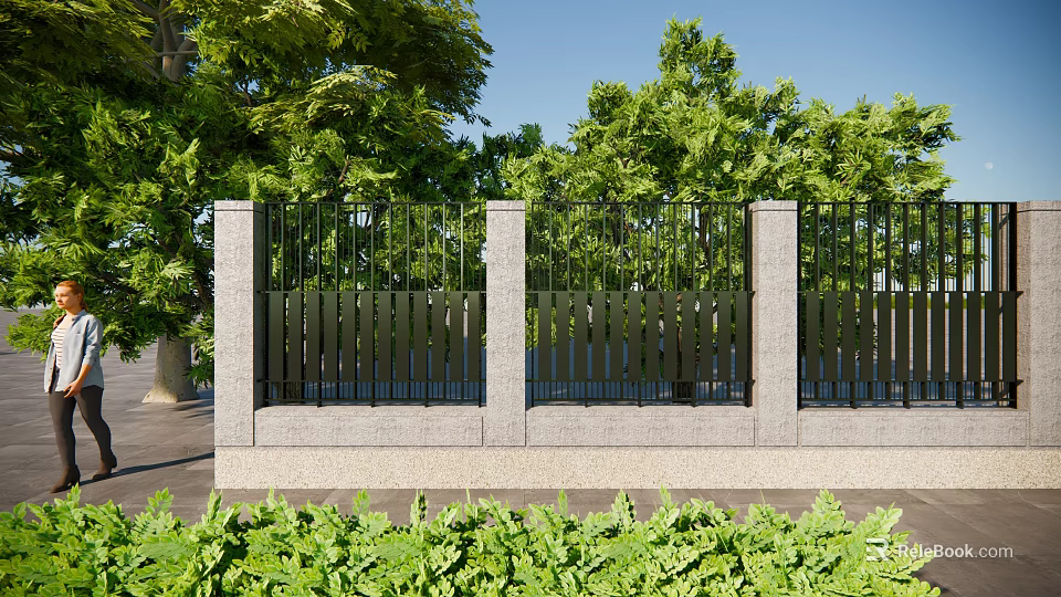 Building Exterior Wall With Stone Pillars Black Metal Fence Green Trees And Bushes 3d model 