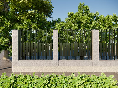 Building Exterior Wall With Stone Pillars Black Metal Fence Green Trees And Bushes 3d model