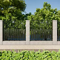 Building Exterior Wall With Stone Pillars Black Metal Fence Green Trees And Bushes