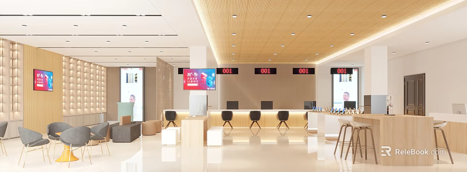 Modern Service Hall Interior With Counters Digital Displays And Chairs 3d model