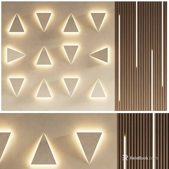 Interior Background Wall With Geometric Triangle Patterns Recessed Lighting And Wooden Stripes 3d model