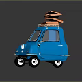 Cute Retro Blue Small Car With Orange Surfboard On Roof 3d model