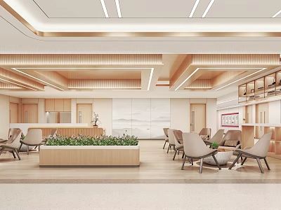Spacious Modern Hospital Outpatient Clinic Waiting Area With Green Plants And Comfortable Chairs 3d model