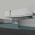 Modern Curved Architecture With Water Pool And Green Plants Under Cloudy Sky
