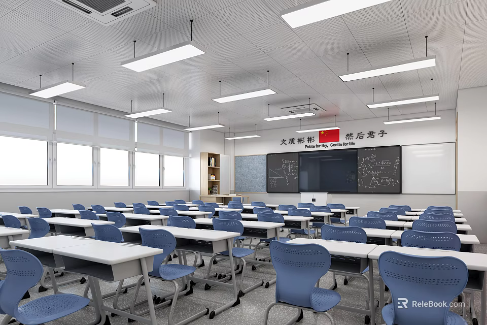 School Classroom Interior With Rows Of Desks Chairs Blackboard Windows And Ceiling Lights 3d model 