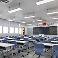 School Classroom Interior With Rows Of Desks Chairs Blackboard Windows And Ceiling Lights 3d model
