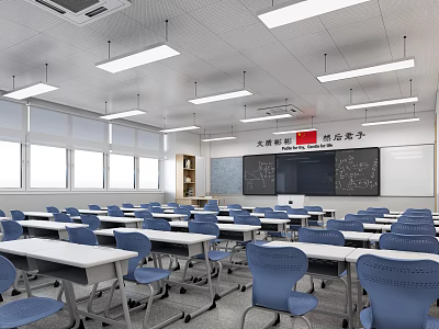 School Classroom Interior With Rows Of Desks Chairs Blackboard Windows And Ceiling Lights 3d model
