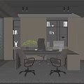 Modern Office Interior With Large Desk Office Chairs Bookshelves Decorations Potted Plant And City View