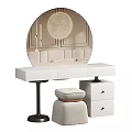 Modern White Dressing Table With Round Mirror Moon Shaped Light And Upholstered Stool 3d model