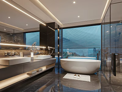 Modern Bathroom Interior With Double Vanities Marble Countertops Large Mirror Freestanding Bathtub And Glass Shower 3d model
