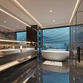 Modern Bathroom Interior With Double Vanities Marble Countertops Large Mirror Freestanding Bathtub And Glass Shower
