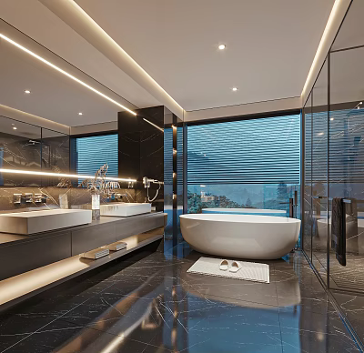Modern Bathroom Interior With Double Vanities Marble Countertops Large Mirror Freestanding Bathtub And Glass Shower 3d model