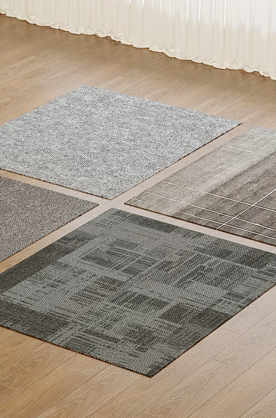Different Design Square Rugs With Gray Tones Textured Patterns For Modern Living Room Wooden Floor 3d model