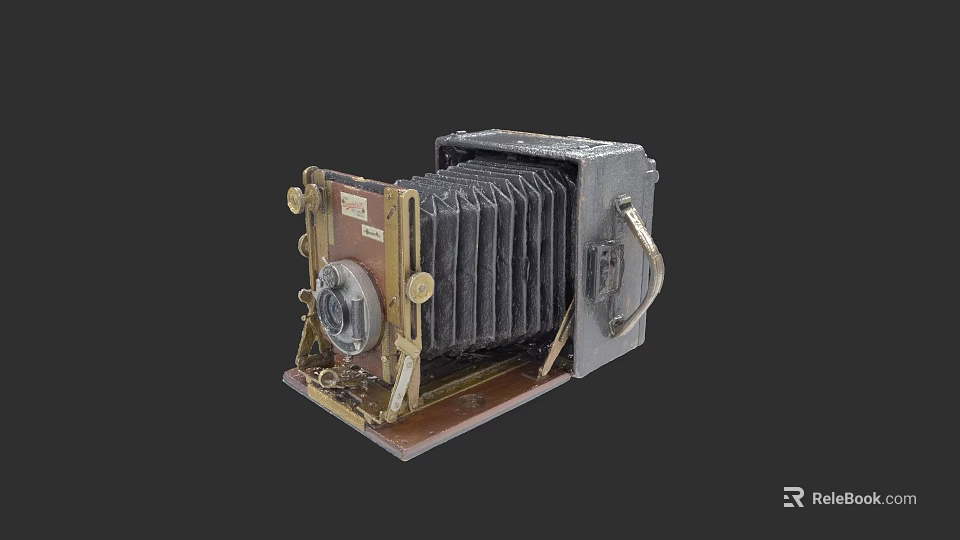 Classic Vintage Folding Camera With Brass Parts And Wooden Base 3d model 