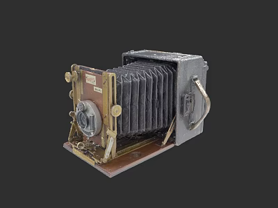 Classic Vintage Folding Camera With Brass Parts And Wooden Base 3d model