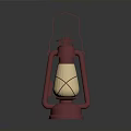 Red Vintage Lantern With Glass Panels And Warm Yellow Light On Dark Surface