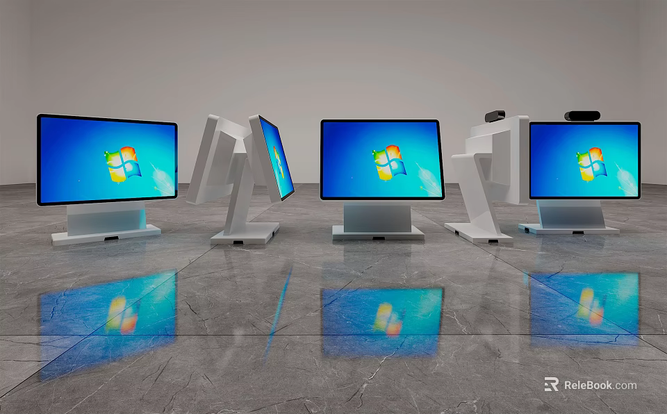 Multiple Desktop Monitors With Windows Logo In Modern Reflective Floor Setup 3d model 