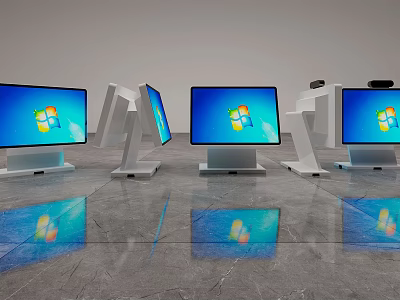 Multiple Desktop Monitors With Windows Logo In Modern Reflective Floor Setup 3d model