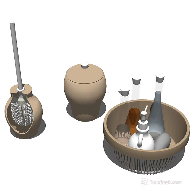 Essential Bathroom Accessories Including Toilet Brush Covered Container And Storage Basket 3d model 