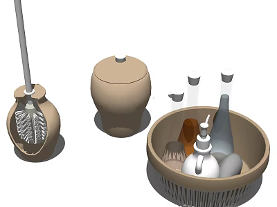 Essential Bathroom Accessories Including Toilet Brush Covered Container And Storage Basket 3d model