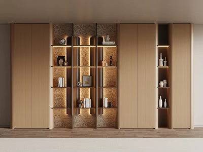 Modern Built in Wooden Bookcase With Shelves Books And Decorative Lighting 3d model