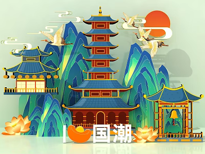 Chinese-style National Tide Cartoon Ancient Tower Eaves Palace Meichen Photo Card Photo Area 3d model