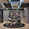 Modern Interior Workspace With Geometric Decor Blue Chairs Computer Monitors And Wooden Flooring