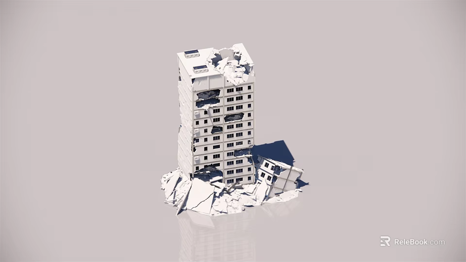 Collapsed Building Structure With Damaged Walls Broken Windows And Debris 3d model