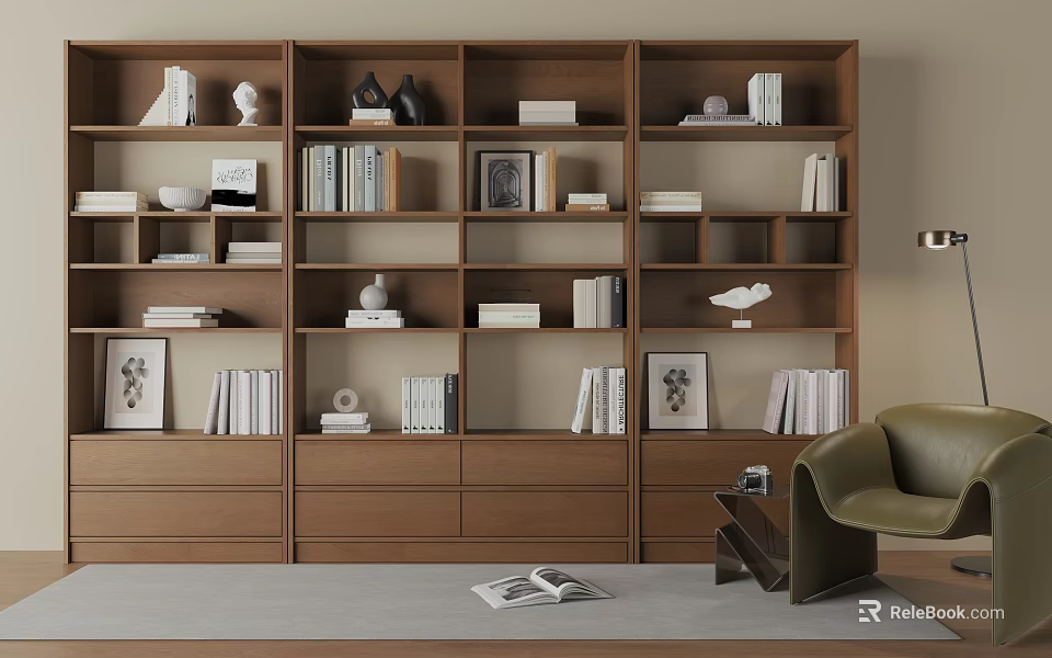 Modern Wooden Bookcase With Shelves Books Decorative Items Green Armchair And Open Book On Rug 3d model 