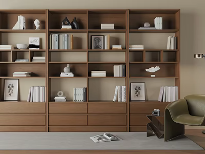 Modern Wooden Bookcase With Shelves Books Decorative Items Green Armchair And Open Book On Rug 3d model