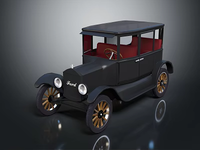 Vintage Black Classic Car With Red Interior And Gold Spoke Wheels 3d model