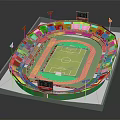 Sports Stadium Architecture with Red Green Stands Football Field Running Track Large Screens and Floodlights