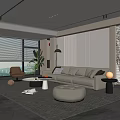 Modern Living Room Interior With Neutral Sofa Ottoman Floor to Ceiling Windows and Decorative Wall
