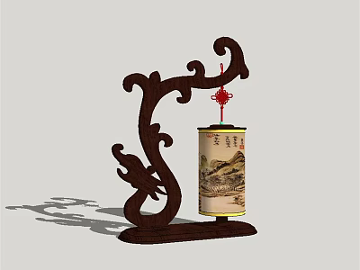 Chinese Style Classic Table Lamp With Scroll Landscape Painting And Red Tassel 3d model