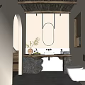 Hotel Guest Room Bathroom With Round Mirror Stone Countertop And Louvered Window