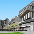 Modern High Rise Hotel Building Complex With Green Roof Plaza Water Feature And Pedestrian Walkways