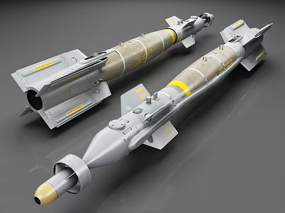 Two Military Missiles With Gray Bodies Yellow Stripes And Tail Fins 3d model