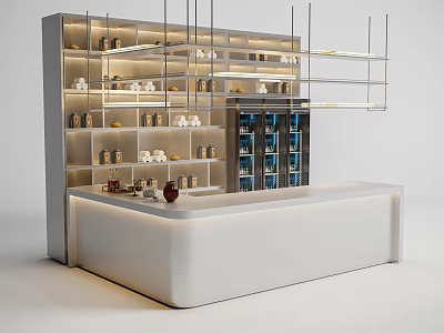 Modern Bar Counter with White Surface Illuminated Design Backlit Shelves Displaying Cups Jars and Cooler 3d model