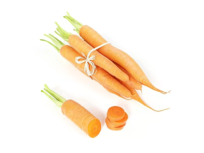 Fresh Carrots Tied With String And Sliced Pieces On White Background 3d model