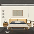 Warm Cozy Bedroom Interior With Wooden Bed Frame Woven Art And Textured Rug