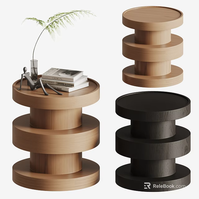 Modern Minimalist Round Side Tables With Wooden Black Layered Design And Decorative Books 3d model 