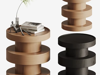 Modern Minimalist Round Side Tables With Wooden Black Layered Design And Decorative Books 3d model