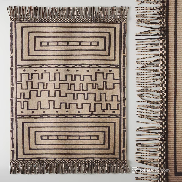 Square Rug With Geometric Patterns Neutral Tones And Fringe Details 3d model 