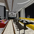 Modern Restaurant Interior With Black Perforated Partition Yellow Seats Dining Tables And Long Corridor