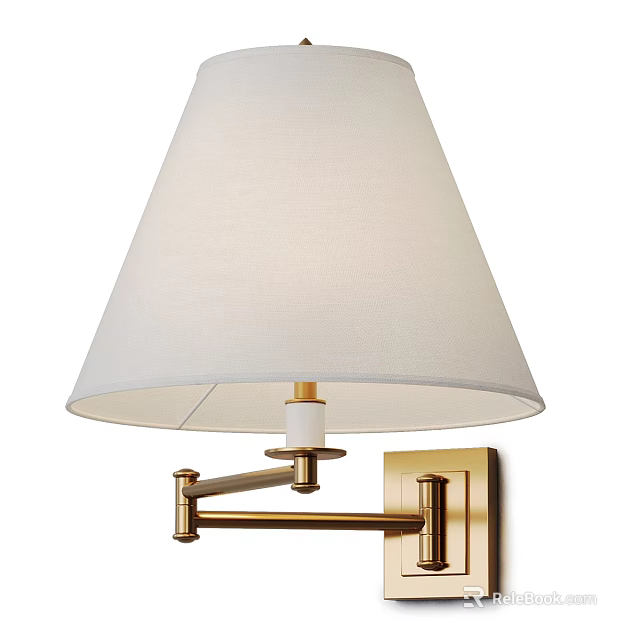 Modern Wall Lamp with White Fabric Shade and Brass Finish Arm Mounted on Wall 3d model 