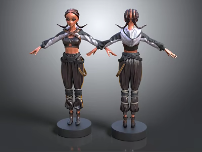 3D Female Character Model Front Back View With Braided Hair Tactical Costume On Black Base 3d model